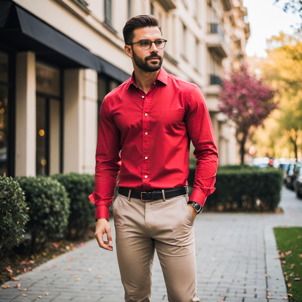 Stylish Man in Red Shirt on City Sidewalk