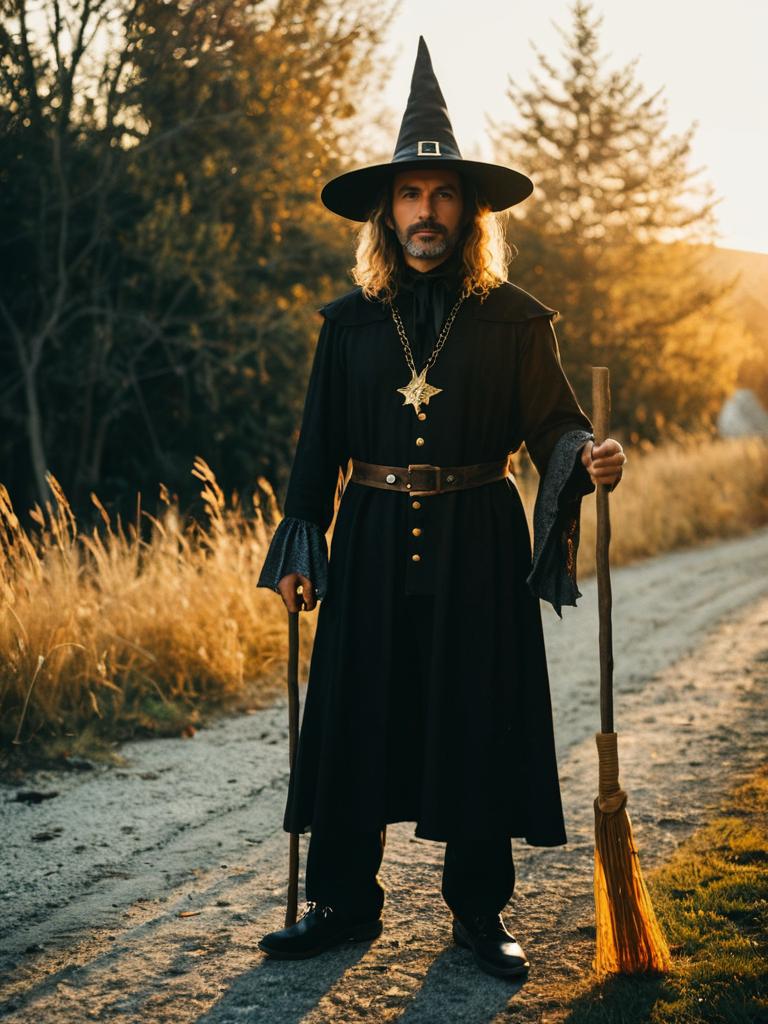 Man in Modern Witch Costume Holding Broomstick Golden Hour Outdoor Photo
