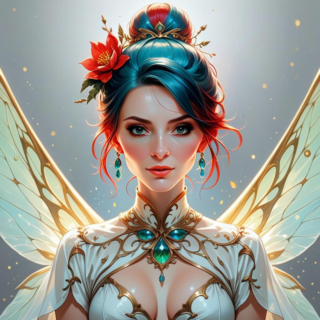Ethereal Woman with Butterfly Wings in White and Gold Outfit