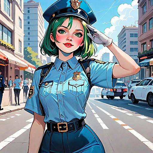 Anime Style Young Female Police Officer in Urban Setting Digital Illustration