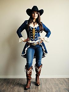 Woman in Cowgirl Fancy Dress Costume Full Body Cosplay Photo