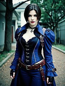 Confident Woman in Dark Blue Steampunk Outfit