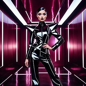 Confident Woman in Futuristic Pink Neon Hallway