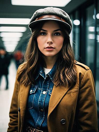 Stylish Woman in Brown Coat and Denim Jacket Wearing Newsboy Cap
