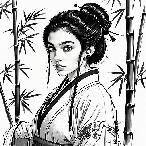 Elegant Woman in Traditional East Asian Attire with Bamboo - Black and White Digital Art