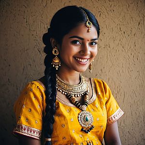 Young Woman in Traditional Indian Haldi Outfit