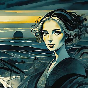 Stylized Digital Portrait of Woman at Sunset