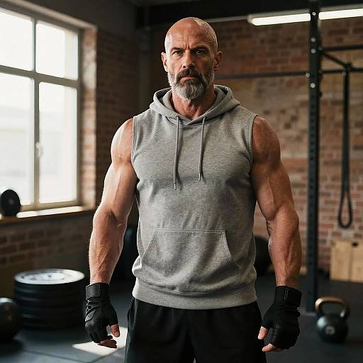 Muscular Middle-Aged Man in Sleeveless Hoodie Working Out in Gym
