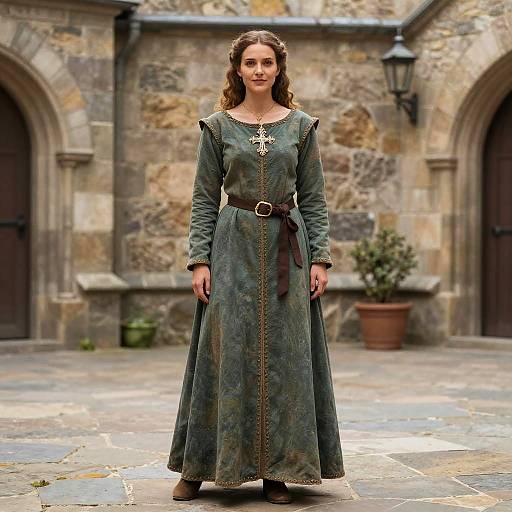 Medieval Themed Costume Woman in Green Dress Standing in Historic Courtyard