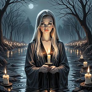 Mysterious Woman Holding Candle in Moonlit River with Floating Candles in Gothic Forest