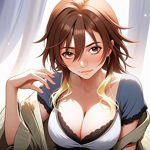 An Anime Styled Portrait of Aketa Mikoto with Blonde Tips and Casual Lace Outfit