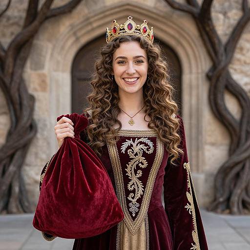 Medieval Woman in Velvet Dress and Jeweled Crown Holding Red Bag