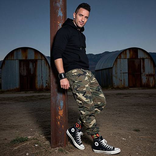 Man in Black Hoodie and Camouflage Pants Leaning on Rusty Post Outdoors