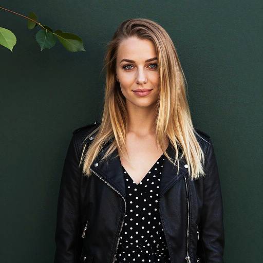 Confident Blonde Woman in Black Leather Jacket and Polka Dot Dress