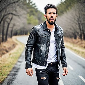 Confident man in black leather jacket on empty road