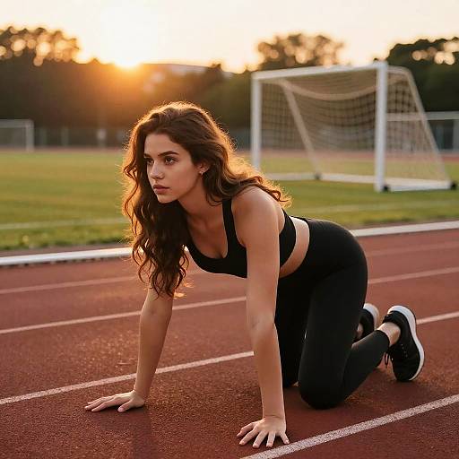 Young Woman Athlete Preparing to Run on Track at Sunset