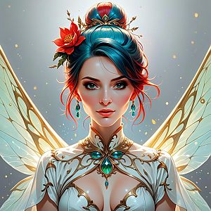 Ethereal Woman with Butterfly Wings in White and Gold Outfit
