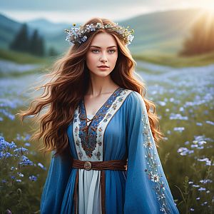 Elegant Woman in Meadow at Sunset
