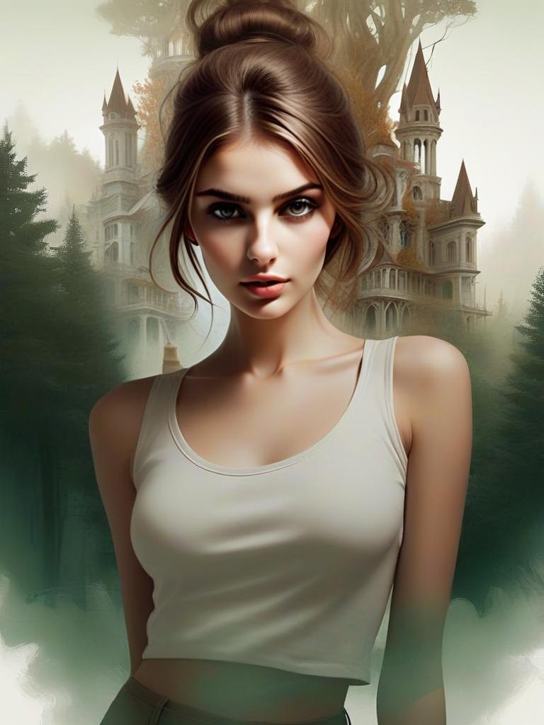 Young Woman with Blue Eyes in Enchanting Landscape Young Woman with Blue Eyes in Enchanting Landscape