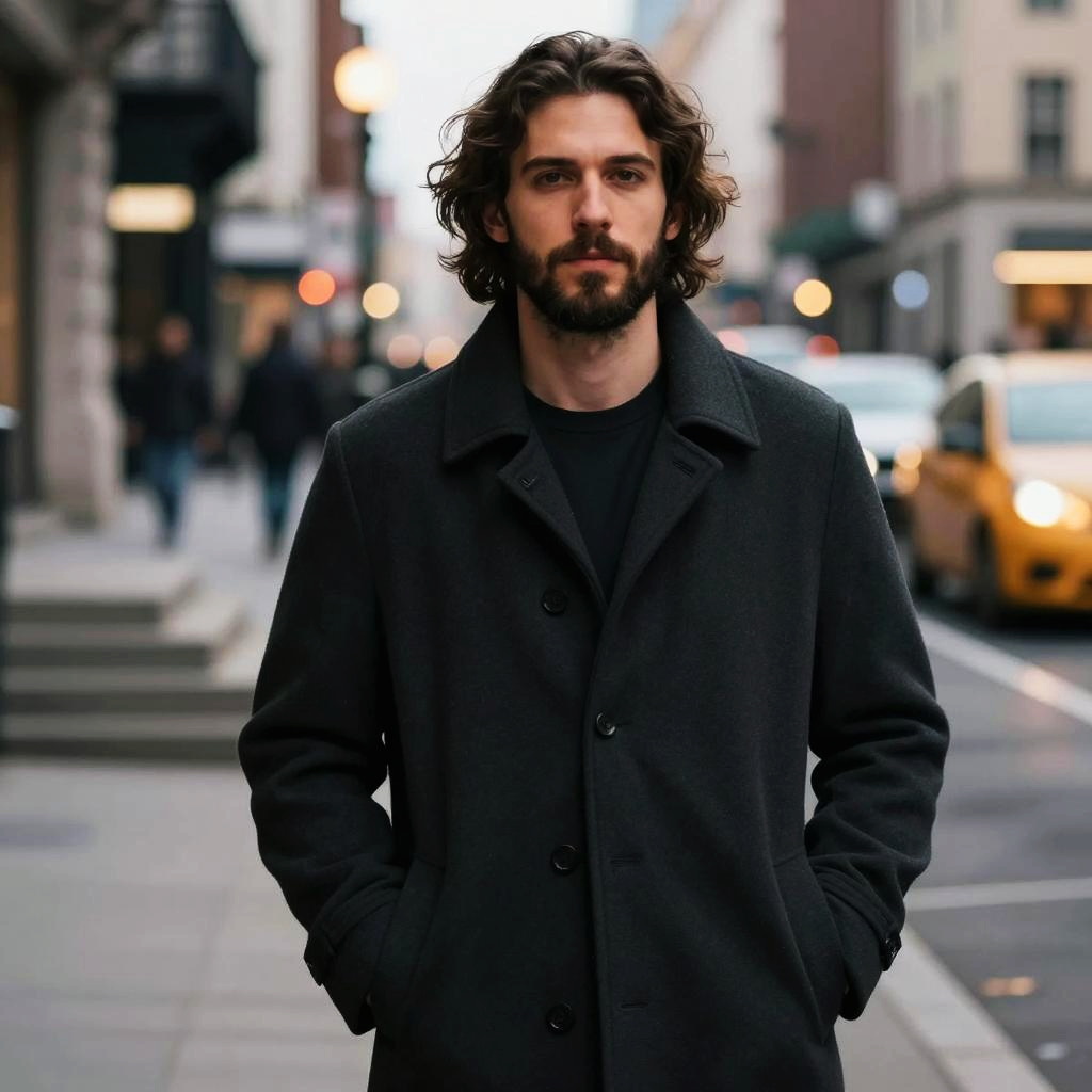 Stylish Young Man in Dark Overcoat on Urban Street
