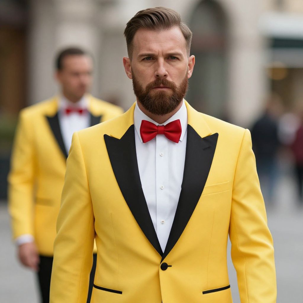 Stylish Man in Yellow Tuxedo with Red Bow Tie Portrait