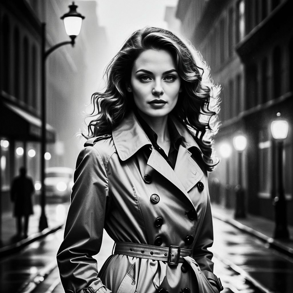 Black and White Portrait of Confident Woman in Rainy Urban Street