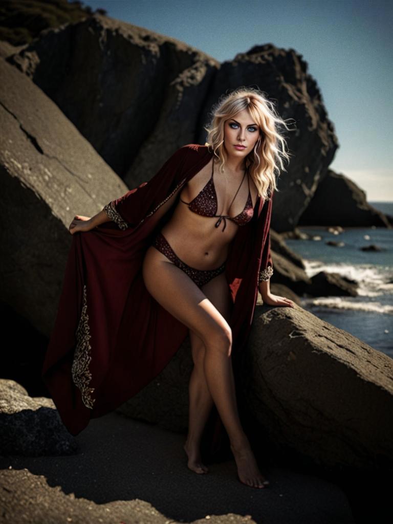 Glamorous Woman in Maroon Robe on Rocky Beach