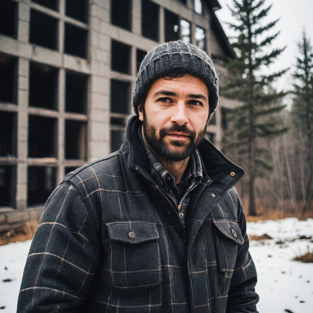 Man in Plaid Jacket in Winter Landscape