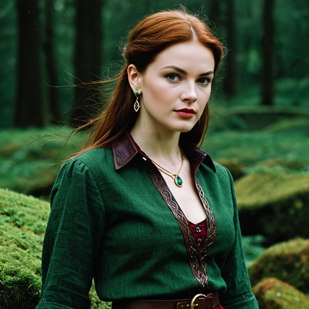 Medieval Woman in Green Dress with Emerald Jewelry in Forest