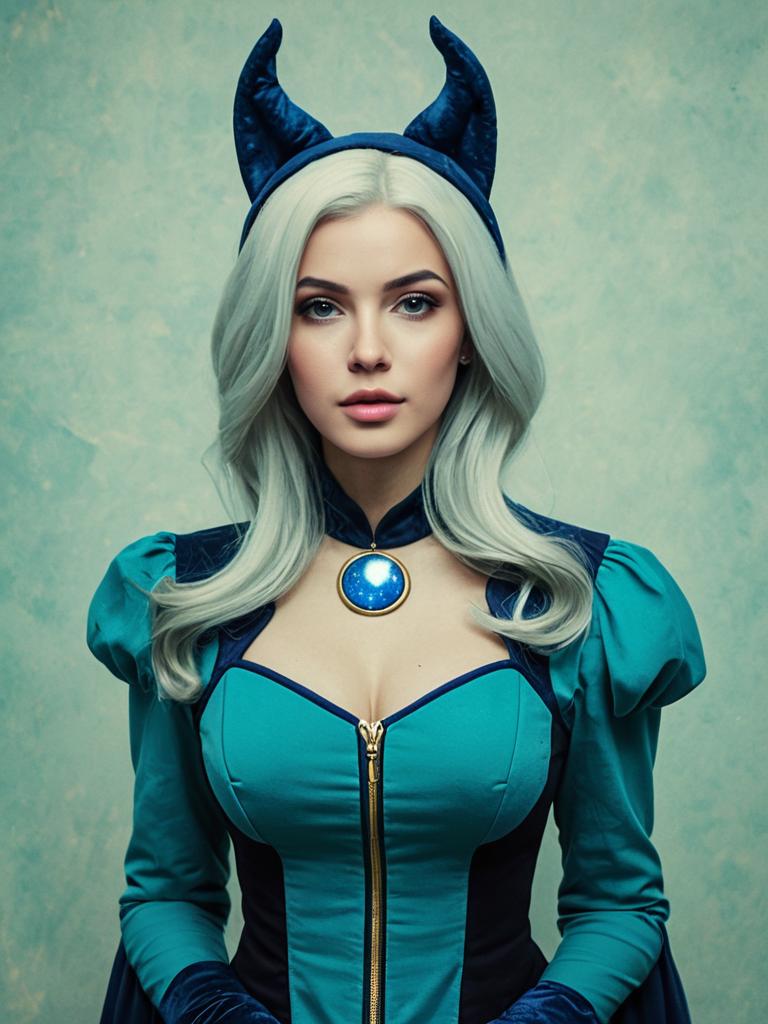 Realistic Luna Cosplay Woman in Fantasy Costume with Silver Hair and Moon Pendant