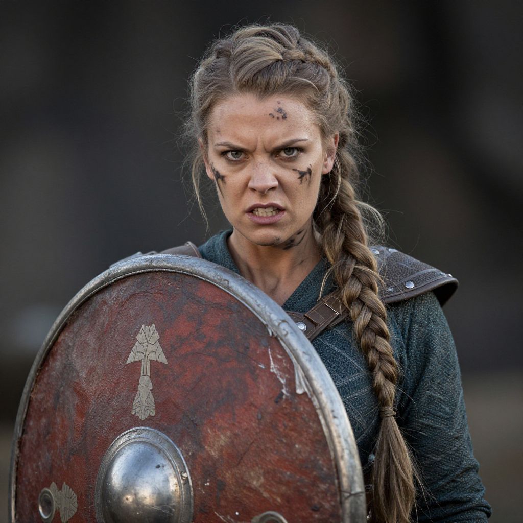 Fierce Woman Viking Warrior Holding Shield with War Paint and Braided Hair