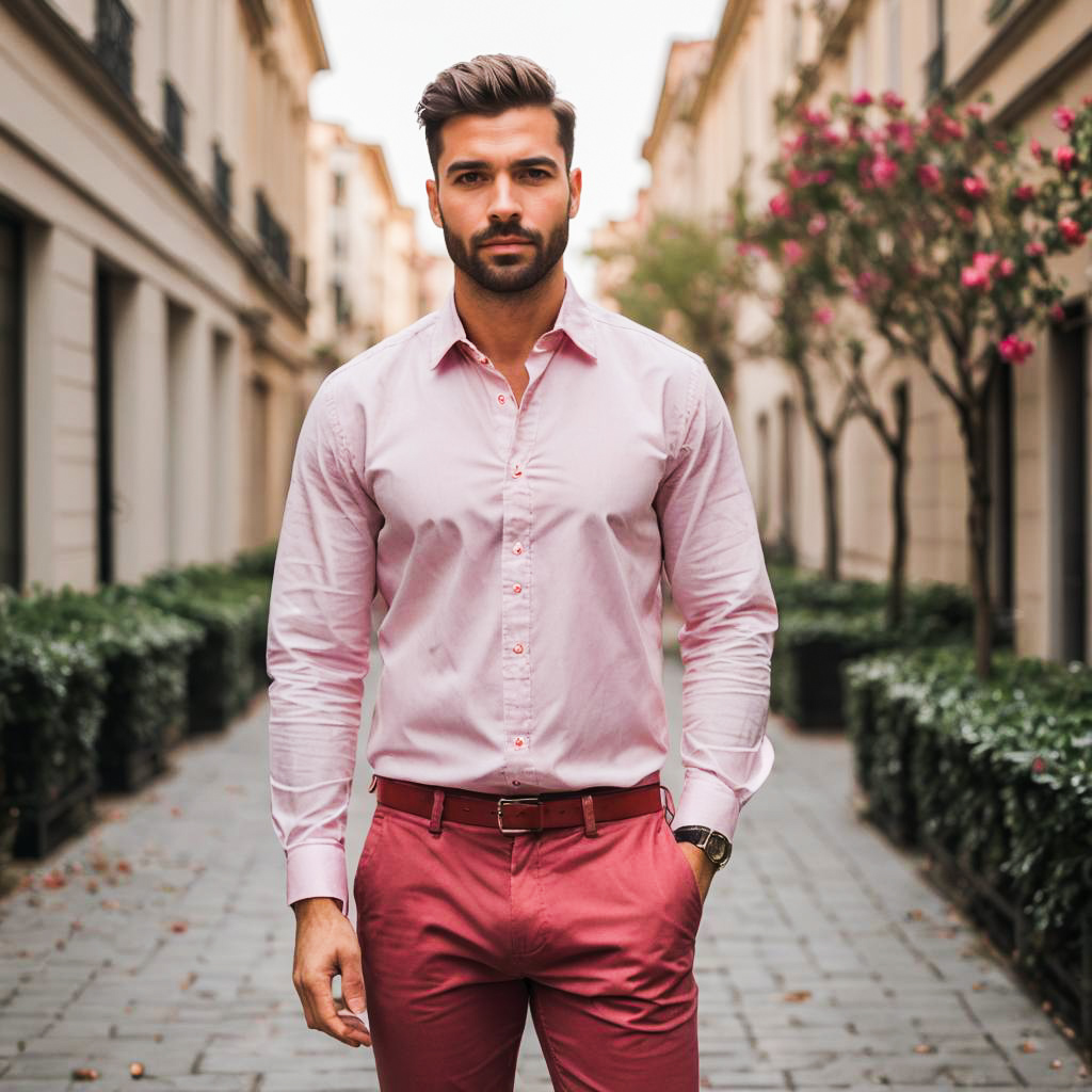 Stylish Man in Pink Shirt and Red Trousers