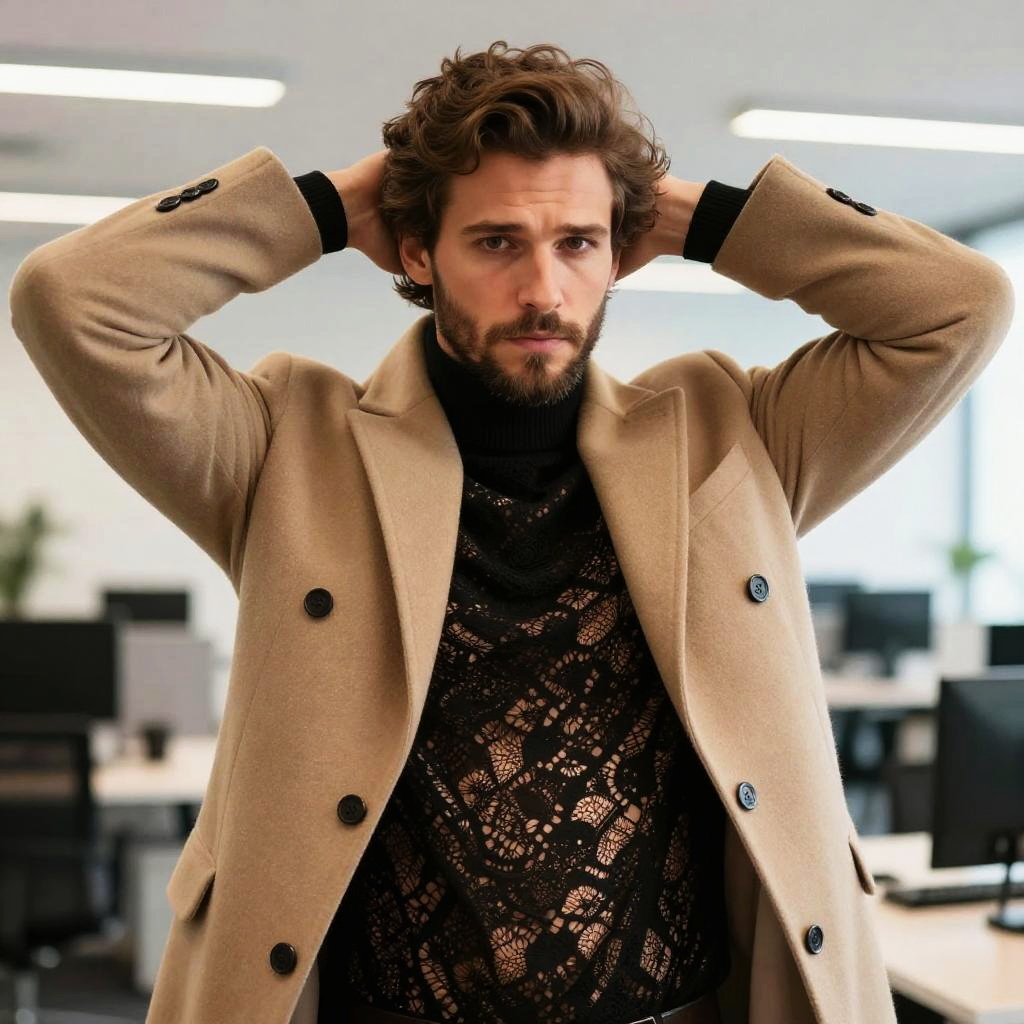 Confident Man Wearing Beige Coat and Black Lace Turtleneck in Modern Office