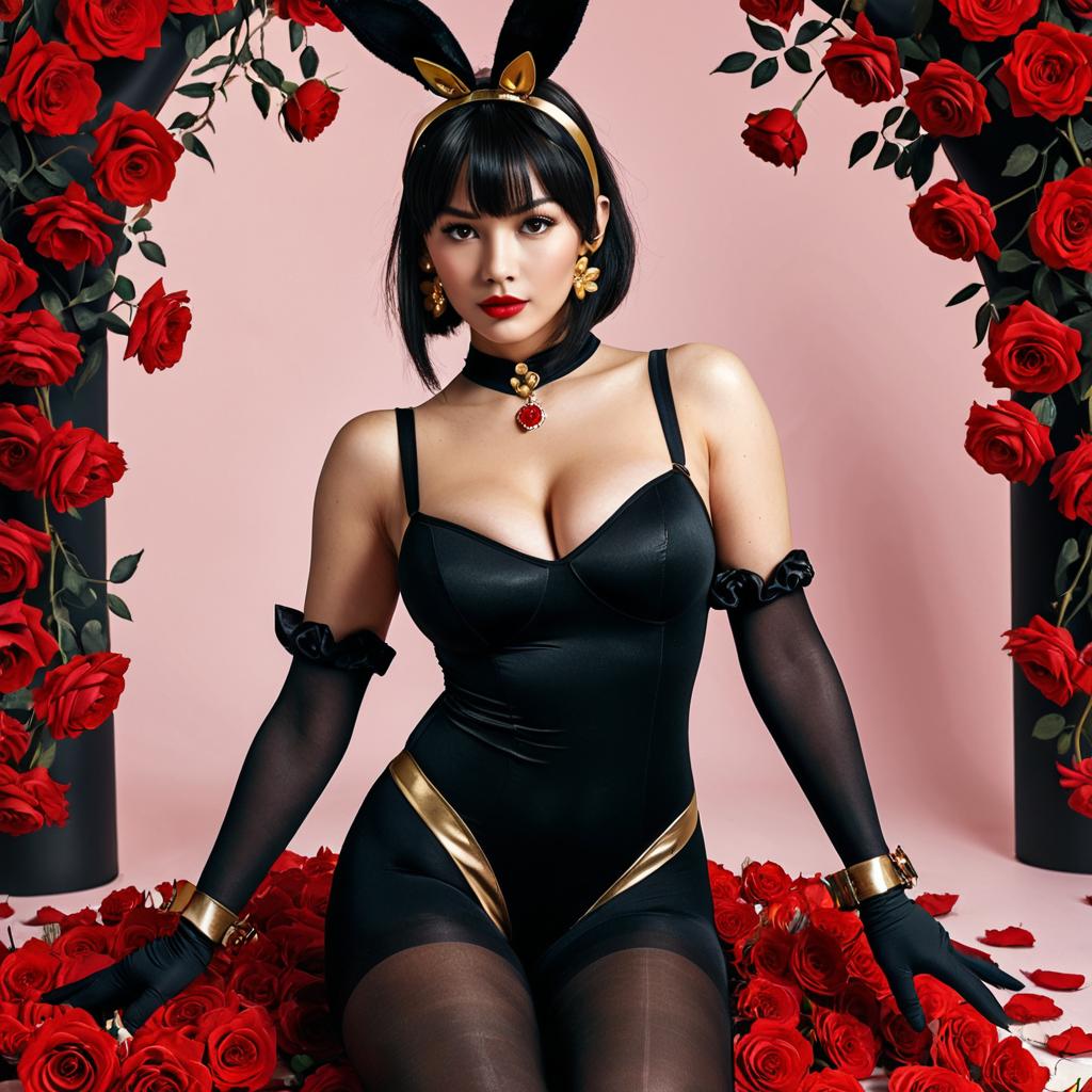 Glamorous Woman in Bunny Costume Surrounded by Red Roses