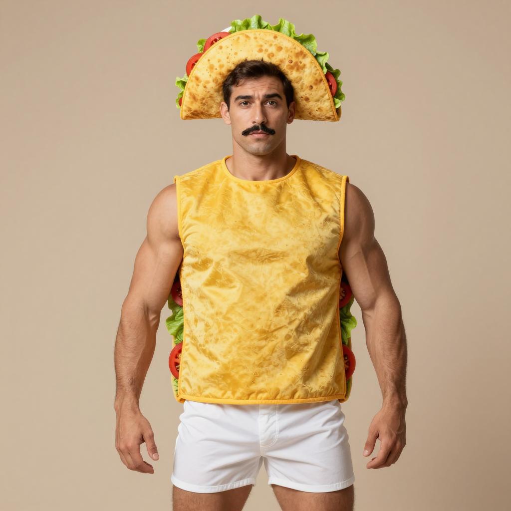 Man Wearing Taco Costume with Mustache and White Shorts