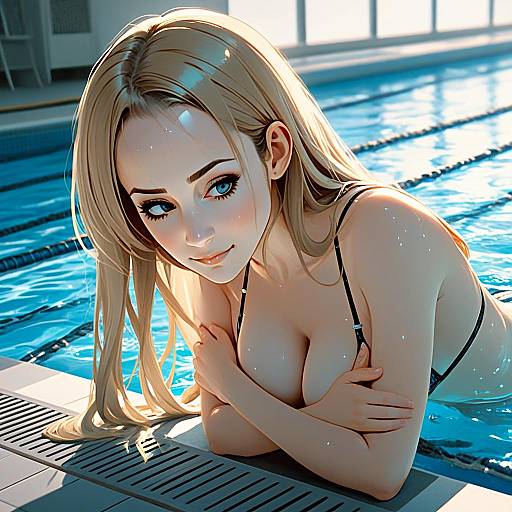 Anime Style Blonde Woman by Indoor Swimming Pool Digital Illustration
