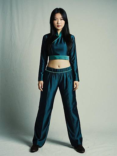 Silk Two-Piece Set for Women - Elegant Teal Crop Top and Wide-Leg Pants