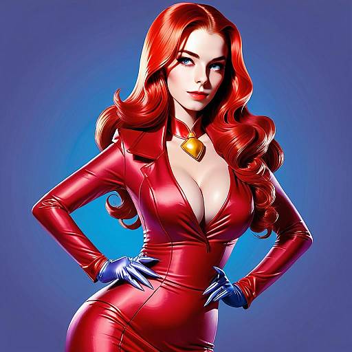 Confident Woman in Red Glossy Outfit Digital Illustration