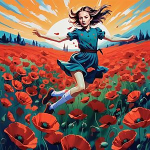 Young Woman Dancing in Poppy Field at Sunset