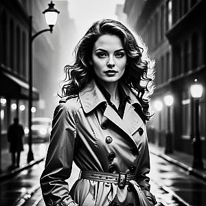 Black and White Portrait of Confident Woman in Rainy Urban Street