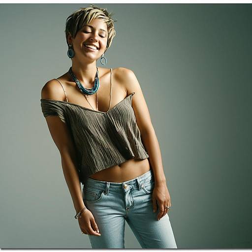 Relaxed Young Woman Wearing Casual Off-Shoulder Top and Blue Jeans