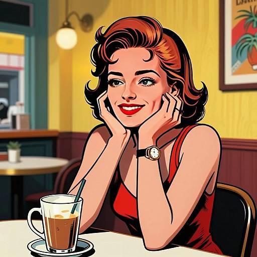 Retro Pop Art Woman Enjoying Coffee in Cozy Café