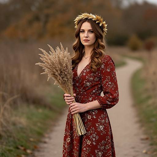 Woman in Rustic Floral Dress Holding Dried Pampas Grass on Country Path