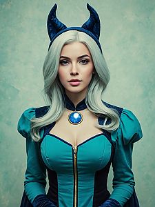 Realistic Luna Cosplay Woman in Fantasy Costume with Silver Hair and Moon Pendant