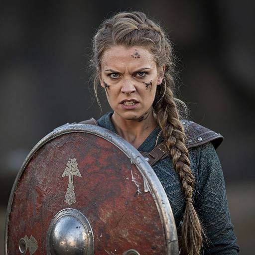 Fierce Woman Viking Warrior Holding Shield with War Paint and Braided Hair