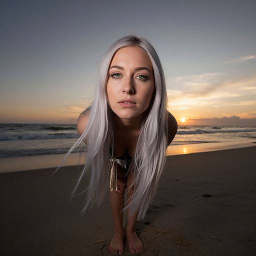 Young Woman with Silver Hair Leaning on Beach at Sunset