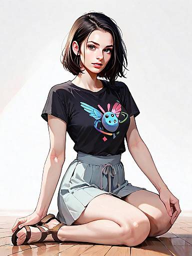 Realistic Anime Style Woman Sitting on Floor in Casual Outfit