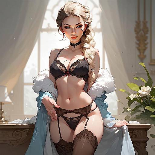 Elegant Blonde Woman in Black Lingerie Digital Anime Art