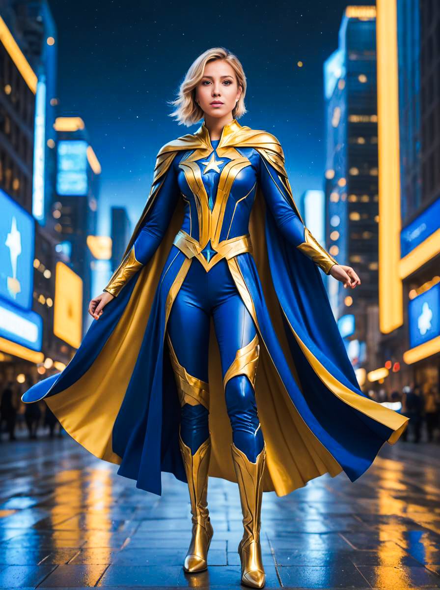 Female Superhero in Blue and Gold Costume