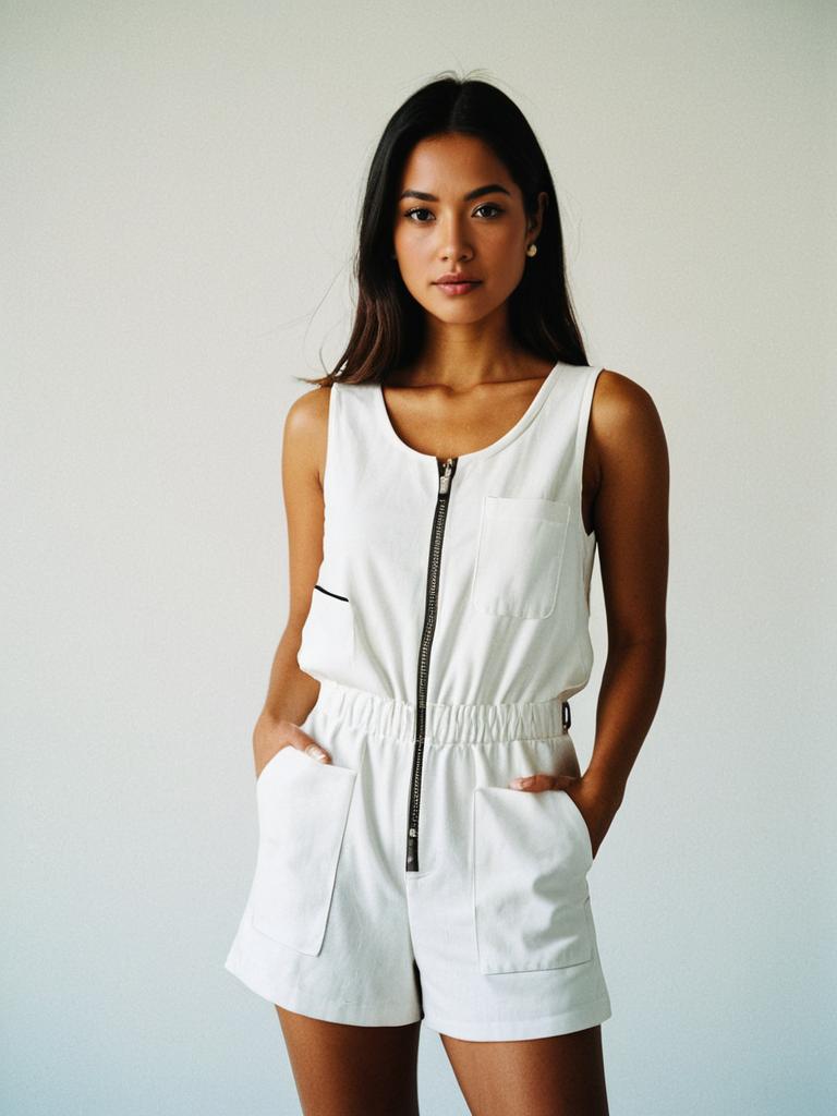 Minimalist White Sleeveless Romper with Scoop Neck and Front Zipper